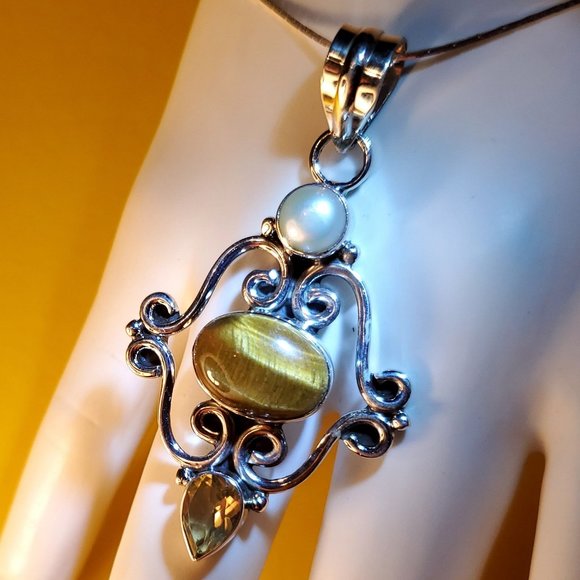 TIGER EYE CITRINE &PEARL STERLING SILVER PENDANT - Picture 4 of 6